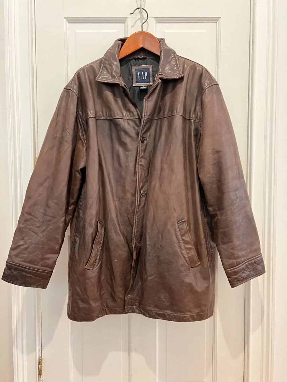 Gap Vintage Distressed Men’s Brown Leather Car Coat Jacket Button-Down Y2K